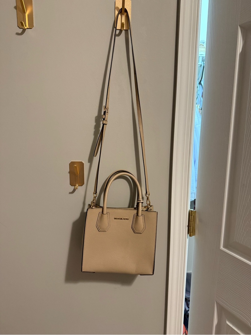 MICHAEL KORS Taupe Pebbled Leather Mini Satchel with Crossbody Strap